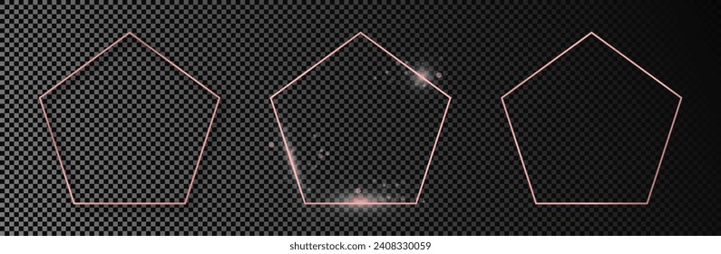 Set of three rose gold glowing pentagon shape frames isolated on transparent background. Shiny frame with glowing effects. Vector illustration