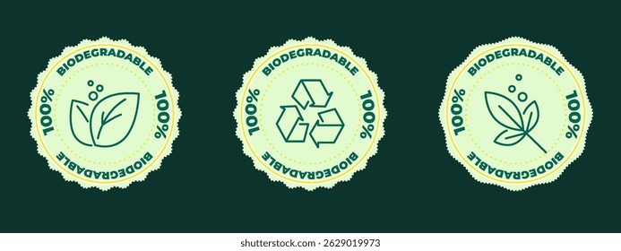 Set of three round biodegradable icons in green and yellow. Vector stamps for eco-friendly packaging and plastic-free compostable materials.