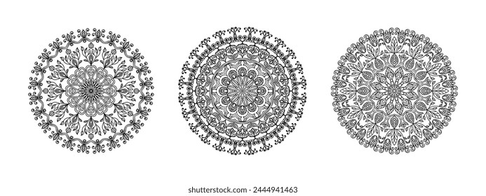 Un conjunto de tres mandalas redondas en blanco y negro. Motivos florales en ornamentación étnica. Plantilla para el tatuaje, dibujo de henna.