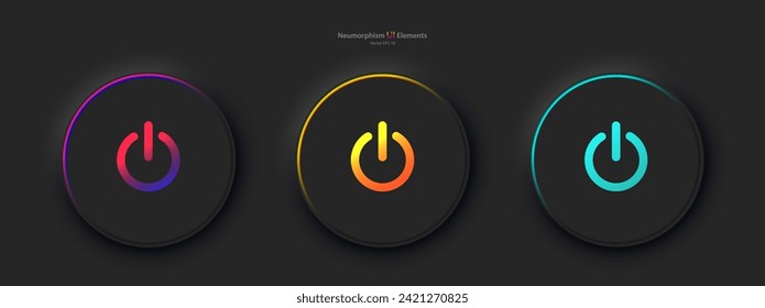 A set of three round buttons with the power symbol in black. User interface elements for mobile devices in the style of neumorphism, UI, UX. Vector EPS 10.