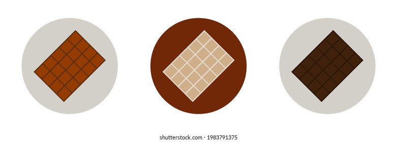 Set of three round chocolate vector icons. Dark black, milk brown and sweet white chocolate icon. Whole chocolate bar with squares. Sweets variety for happy sweetest or chocolate day celebration.