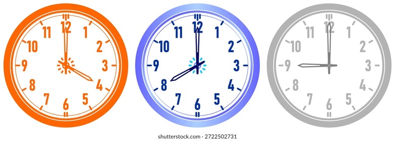 ​ Satz von drei Rund-Uhr-Symbolen mit lebendigem Orange, coolem Blau und neutralgrauen Rahmen mit einfachen Zifferntasten