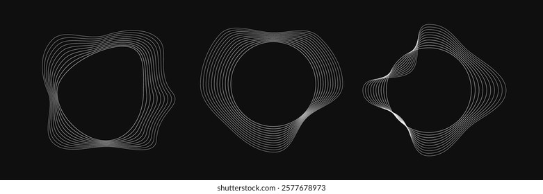Set of three round curved frames with dynamic wavy stripes. Collection of white wavy circles on a black background. Design element. Vector illustration