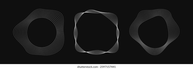 Set of three round curved frames with dynamic wavy stripes. Collection of white wavy circles on a black background. Design element. Vector illustration