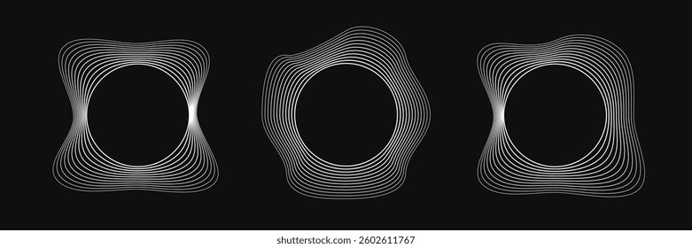 Set of three round curved frames with dynamic wavy stripes. Collection of white wavy circles on a black background. Design element. Vector illustration