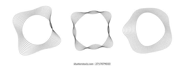 Satz von drei runden, gekrümmten Schallwellen mit dynamischen, wellenförmigen Streifen. Sammlung schwarzer wellenförmiger Kreise auf weißem Hintergrund. Design-Element. Vektorgrafik