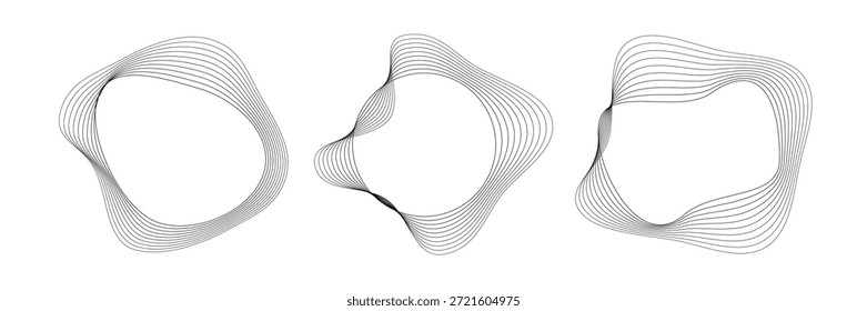 Conjunto de três ondas sonoras curvas redondas com faixas onduladas dinâmicas. Coleção de círculos ondulados pretos sobre um fundo branco. Elemento de design. Ilustração vetorial