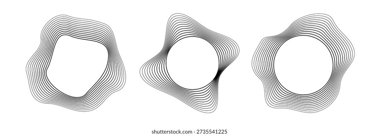Set of three round curved sound waves with dynamic wavy stripes. Collection of black wavy circles on a white background. Design element. Vector illustration