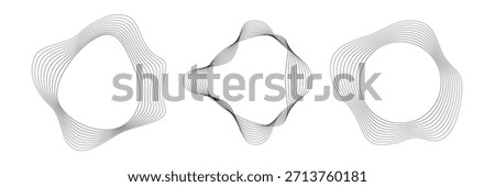 Set of three round curved sound waves with dynamic wavy stripes. Collection of black wavy circles on a white background. Design element. Vector illustration