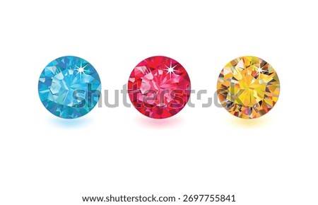 Set of Three Round Cut Gems Vector, Sparkling Diamond, Emerald, and Sapphire Jewels Illustration