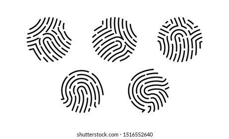 Set of three round fingerprints of one hand. Black and white finger marks. Bundle prints for UI design, banners, interfaces, advertising. Modern vector