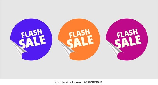 Set of three round "FLASH SALE" stickers in purple, orange, and magenta, with curled corners, perfect for promotional material on microstock.