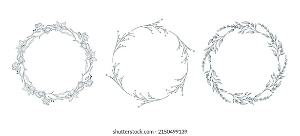 Set of three round flower frames. Hand drawn vector illustration for wedding invitations and greeting cards.