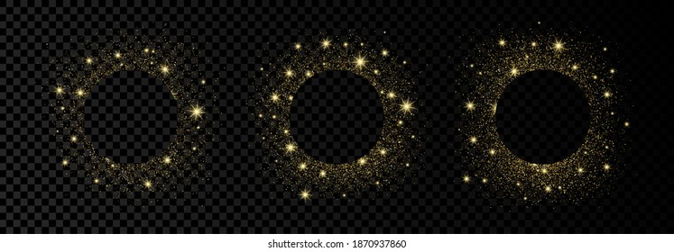 Set of three round frames with golden glitter on dark transparent  background. Empty white background. Vector illustration.