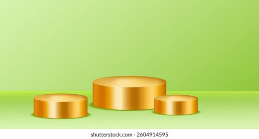 Set of three round golden podiums of different sizes on green background. Can be used for product demonstration. Realistic vector illustration.