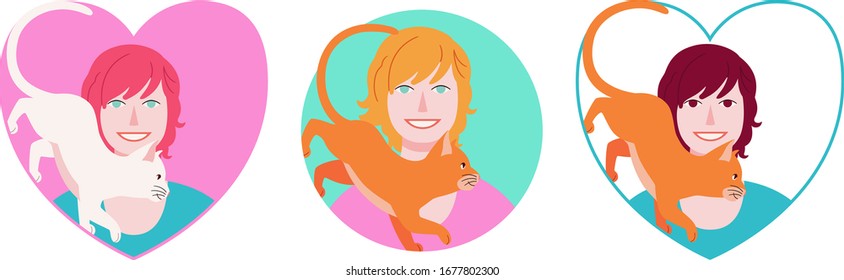 Set of three round and heart shaped icons representing young happy beautiful woman with short hair and orange cat