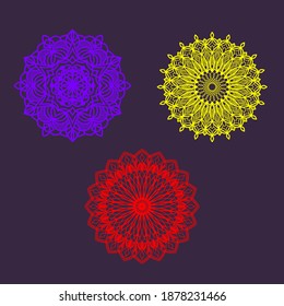 Set of three round mandalas for greeting card, invitation, Henna drawing and tattoo template. Vector illustration