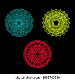 Set of three round mandalas for greeting card, invitation, Henna drawing and tattoo template. Vector illustration