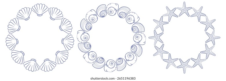 Set of three round marine frames made of seashells, spiral shells and starfish. Hand drawn nautical wreaths in blue outline. Perfect for summer, sea decor, cards and beach wedding design.