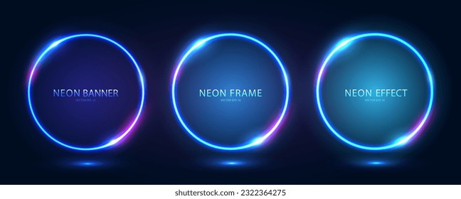 A set of three round neon frames with shining effects and highlights on a dark blue background. Futuristic sci-fi modern neon glowing banners. Vector EPS 10.