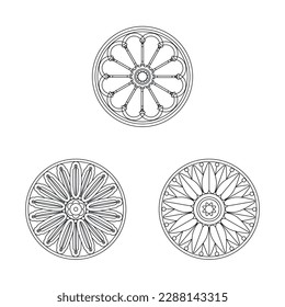 Set of three round stained glass windows with floral motifs. Black line on white background.