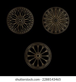 Set of three round stained glass windows with floral motifs. Gold line on white background.