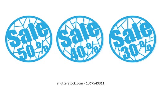 a set of three round stickers with numbers. blue balloons. sale or discount. Discount stickers and banners isolated on white background