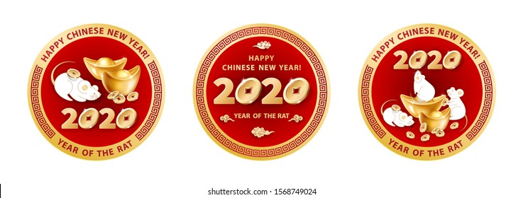 Set of three round stickers. White metal Rat is a symbol of 2020 Chinese New Year. Cute mice around realistic gold ingots Yuan Bao and coins on red background. The wish of wealth and monetary luck