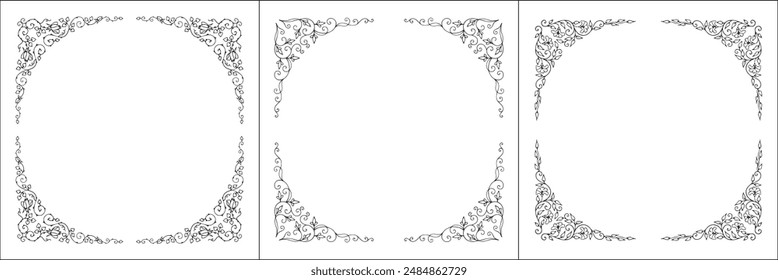 Set of three round vegetal vector frames with flowers and leaves. Black and white. Vector frame for all sizes and formats. Isolated vector illustration.	