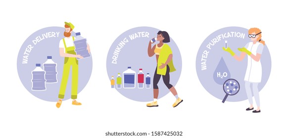 Set of three round water compositions with flat characters of people plastic bottles and editable text vector illustration