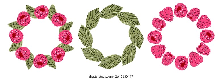 Set of three round wreaths made of raspberries and leaves. Hand drawn summer elements for packaging, branding or seasonal decor.