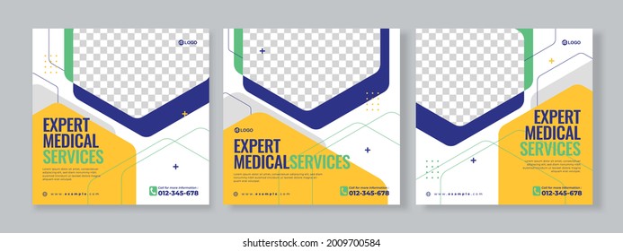 Set of three rounded hexagonal geometric background of medical service banner social media pack template premium vector