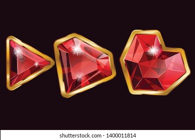 Set of three rubys different size.  Can be used for game design. Red crystals.  Gemstones. 