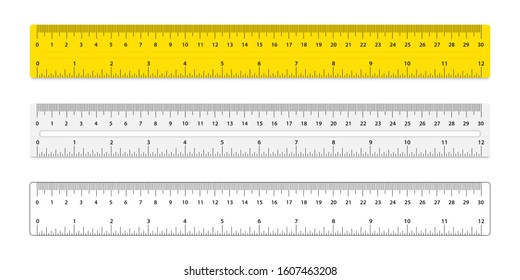 Set of three rulers. Rulers with inches and centimeters double side measurement. Measuring scale, mockup for rulers.  30 centimeters metric vector ruler. School equipment. Measure Tape ruler