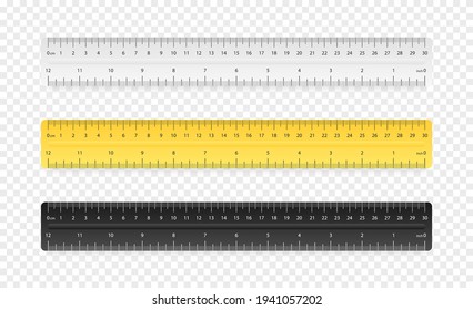 Set of three rulers on transparent background. Plastic yellow, black, gray insulated rulers with double side measuring inches and centimeters. Rulers 30 cm scale in realistic style. Vector