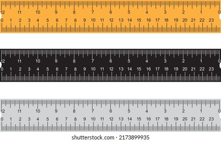 Set of three rulers on transparent background. Plastic yellow, black, gray insulated rulers with double side measuring inches and centimeters. - Powered by Shutterstock - Get 15% off with code: PIKWIZARD15