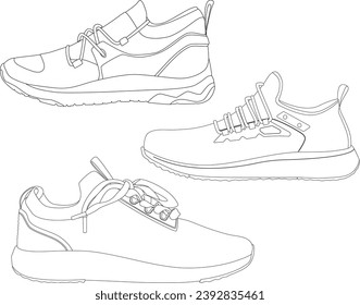 Un conjunto de tres zapatillas de correr, entrenadores, sneakers line art ilustración, vectores de dibujo calzado 