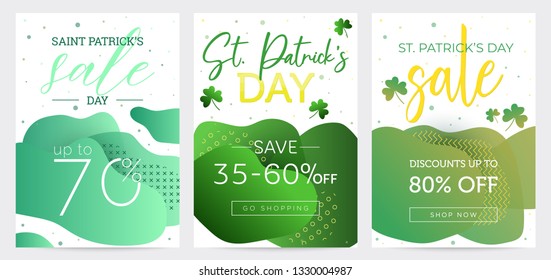 Set of three Saint Patricks Day discount banners, abstract dual-gradient shapes background, templates for business