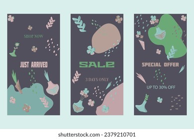 Set of three sale banners (special offer). Three designs with flowers and vases in pastel colors. Vector illustration	