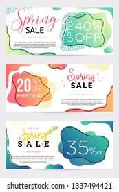 Set of three sale banners, templates for spring holiday, bright dual-gradient liquid shapes and geometric pattern on background