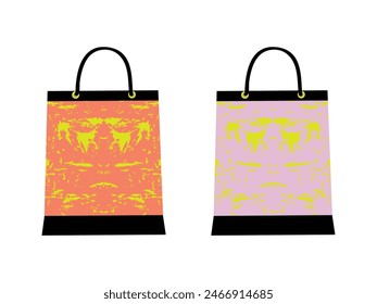 set of three sale paper shopping bags colorful paper sales bag for shopping, colorful paper pattern bags for sale shopping, discount sale offer clothing bags, splatter print orange pink with yellow 