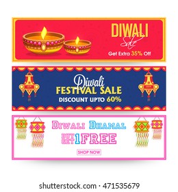 Set of three, Sale Website Header or Banner with stylized Lit Lamps and Kandils. Diwali Sale, Special Offer. Vector illustration for promotion and advertisement.