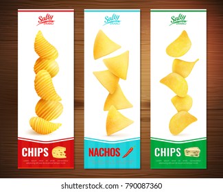 Set of three salty snacks vertical banners with realistic images of cheese chips pieces with text vector illustration