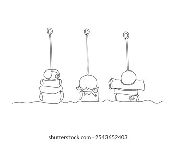 set of three sandwiches canapes on skewers, continuous single line art drawing sketch, logo