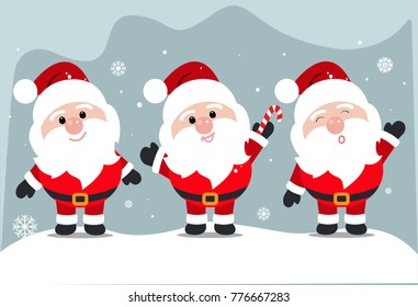 Set of three Santa Claus with differents positions. One candy cane. Winter background with snow and snowflakes falling from the sky.