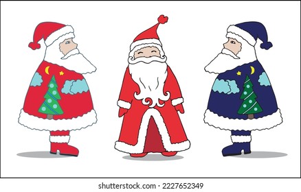 Set of three Santa Claus figurine in full growth in colors. Vector illustration of Santa, profile and full face pictures for Christmas and New year decoration, greeting cards, posters, invitations.