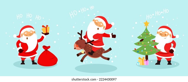 Ein Satz von drei Weihnachtsmann, auf einem Hirsch, mit Geschenken, mit einem Weihnachtsbaum. Vektorgrafiken, Weihnachten, neues Jahr