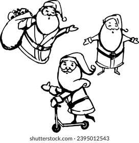 Set of three Santa Claus sketch, Doodle funny sketch, Hand drawn cute Santa