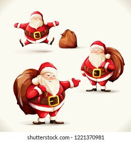 Set of three Santa Claus vector figures isolated on white.  Hand drawn illustration. Collection can be used in design purpose, advertisement, postcard. etc.