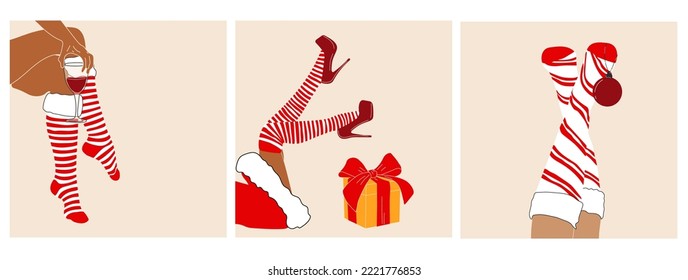 Set of three Santa woman legs with christmas ball, gift and wine. Vector in cartoon style. All elements are isolate 